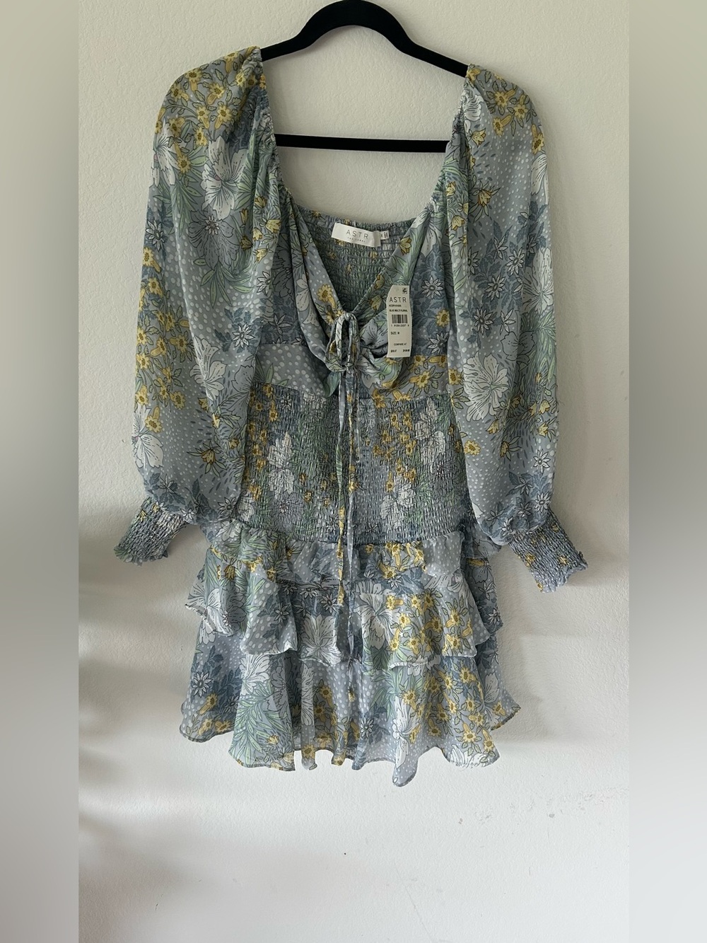 ASTR Floral Tiered Ruffle Mini Dress in Light Blue and Yellow